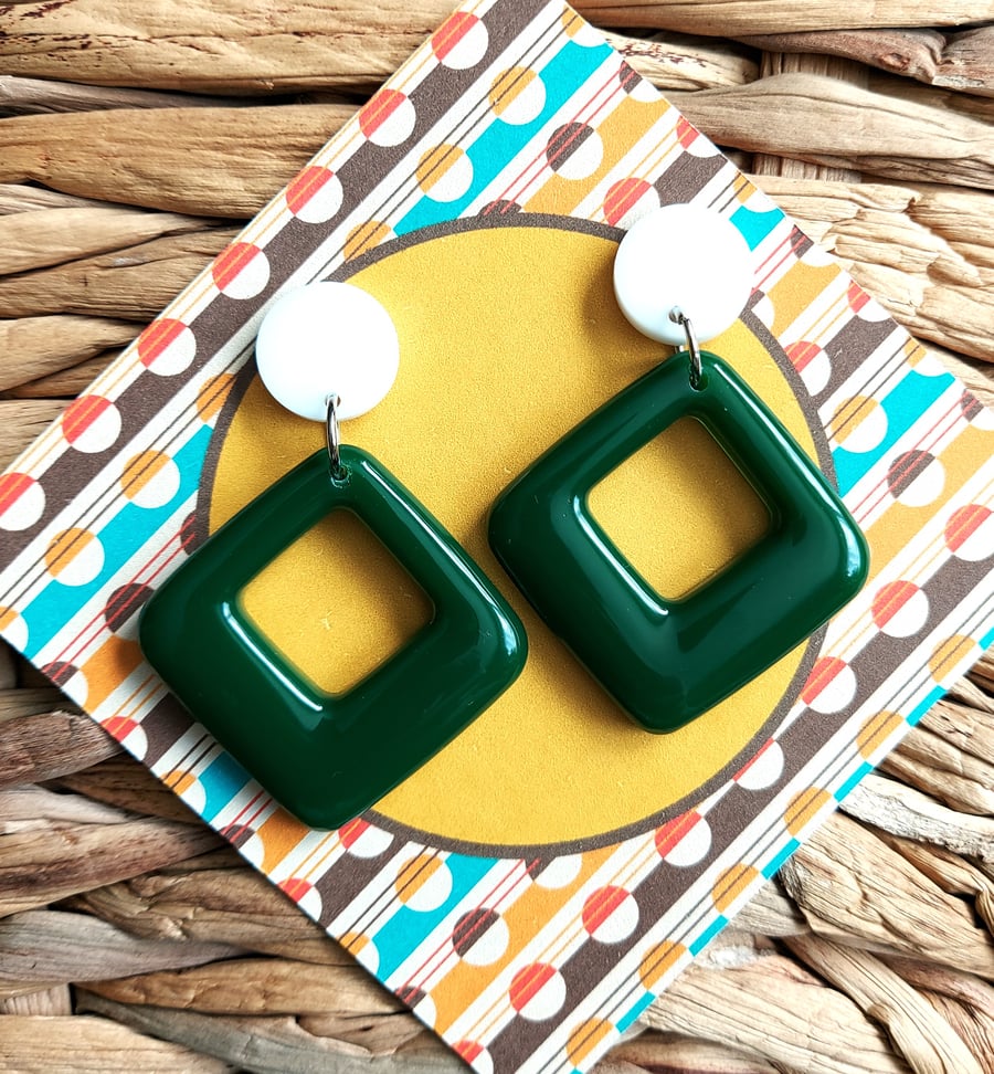 Deep Green And White Geometric Earrings, 1960s Style Handmade Resin Earrings. 