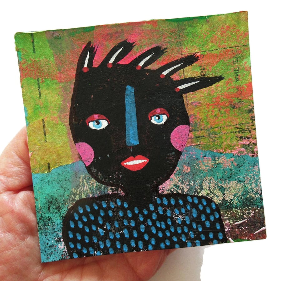 Miniature Outsider Art Painting 4x4" Abstract Face Mixed Media Mini Portrait