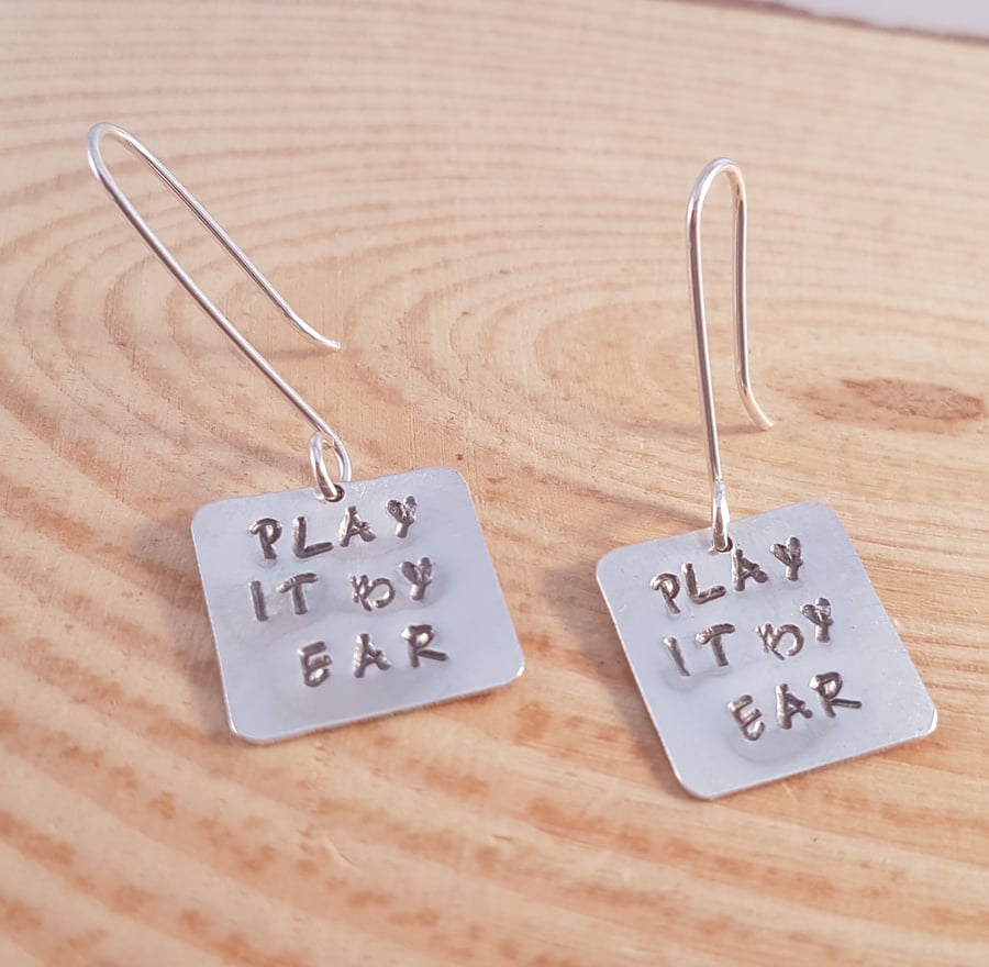 Sterling Silver Stamped 'Play It By Ear' Drop Dangle Earrings