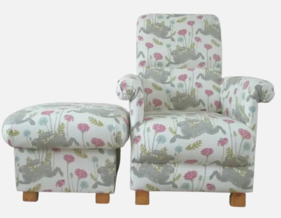 Pink Hares Chair & Footstool Adult Armchair Pouffe Animals Accent Nursery Small
