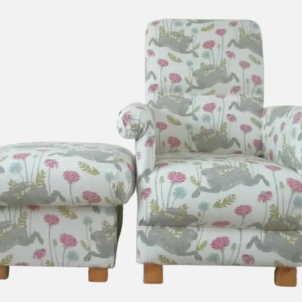 Pink Hares Chair & Footstool Adult Armchair Pouffe Animals Accent Nursery Small
