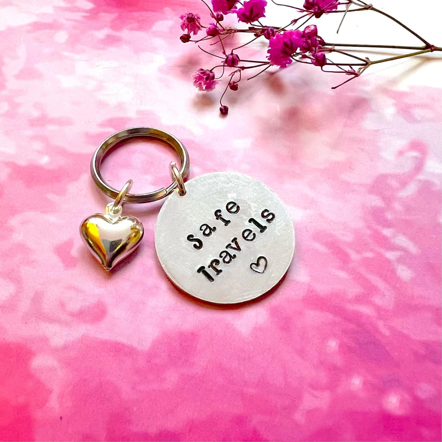 Hand Stamped Safe Travels Keyring, Bon Voyage Gift
