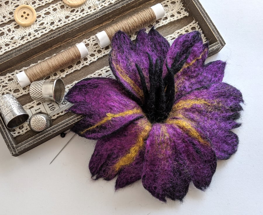 Large felted flower brooch - purple
