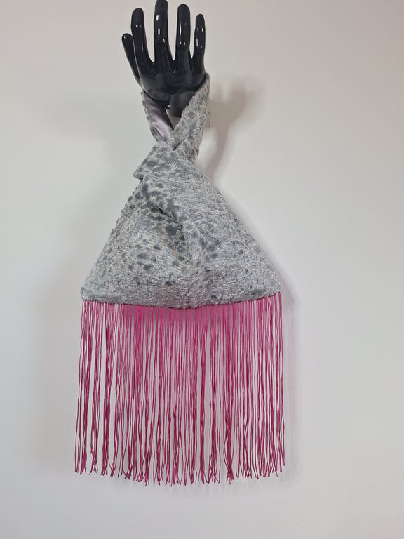 Silvery grey raised patterned Velvet Japanese knot bag with hot pink 19cm trim