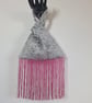  Silvery grey raised patterned Velvet Japanese knot bag with hot pink 19cm trim - Image 1