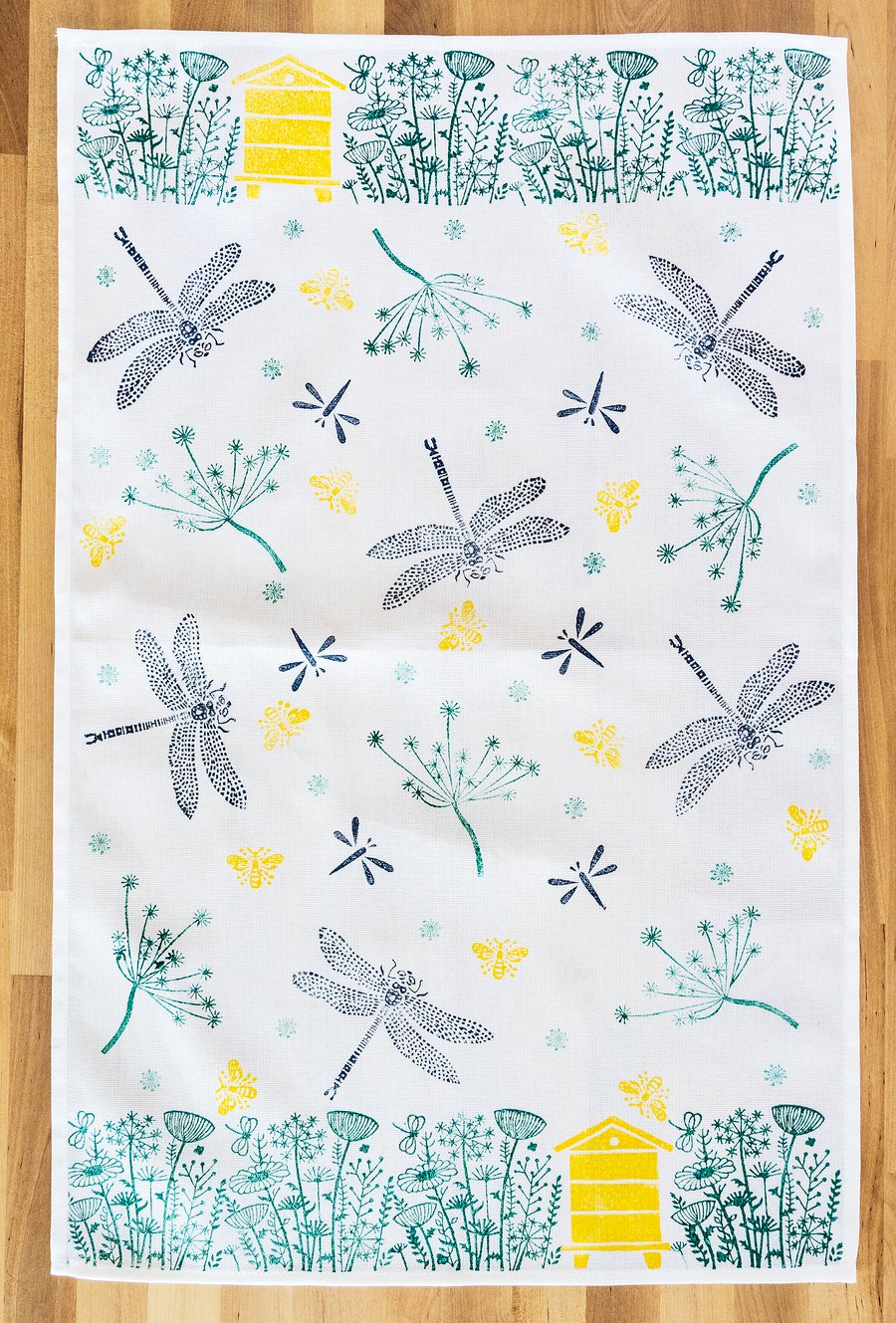 Hand printed dragonflies and bees tea towel housewarming, nature lover gifts  