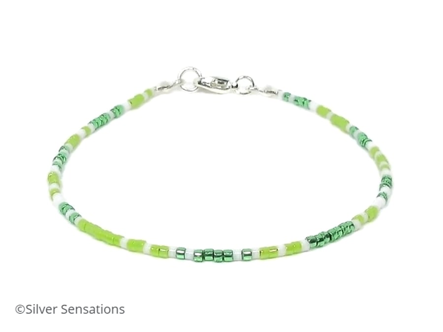 Dainty Green & White Seed Bead Anklet, Surfer Fashion Anklet - 9" - 14"