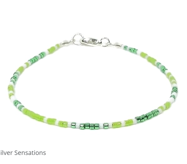 Dainty Green & White Seed Bead Anklet, Green Beaded Anklet, Surfer Anklet