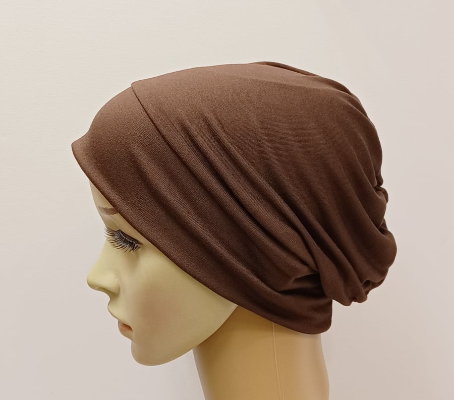 Brown chemo hat alopecia hair loss viscose jersey stretchy beanie messy hair day