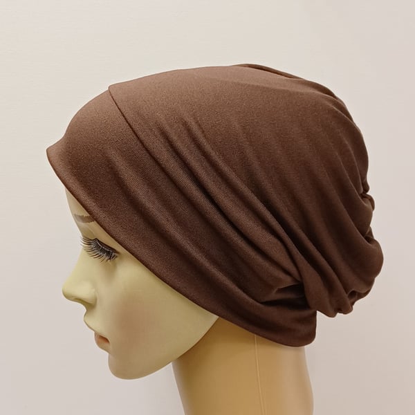 Brown chemo hat alopecia hair loss viscose jersey stretchy beanie messy hair day