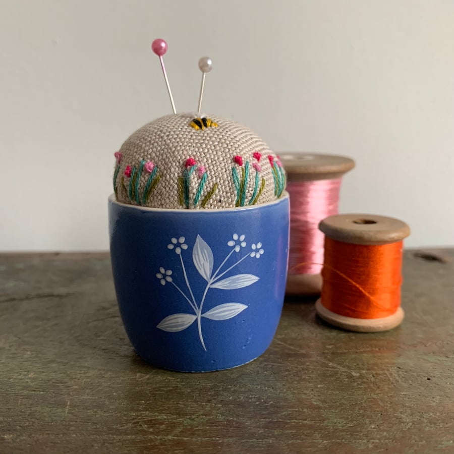 Blue and white egg cup embroidered pin cushion