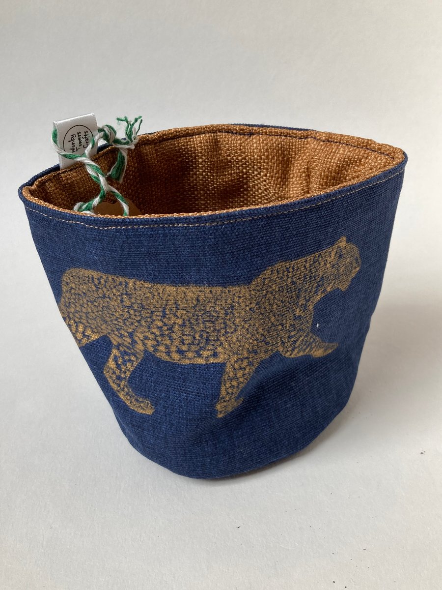 Small fabric basket: plant pot, cosmetics etc Gold jaguar on navy