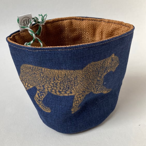 Small fabric basket: plant pot, cosmetics etc Gold jaguar on navy