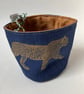 Small fabric basket: plant pot, cosmetics etc Gold jaguar on navy - Image 1