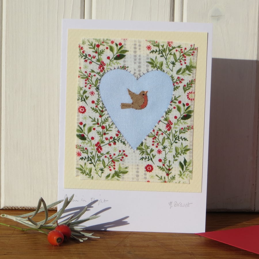 Robin in Flight, hand-stitched embroidery on Christmas card, a card to keep