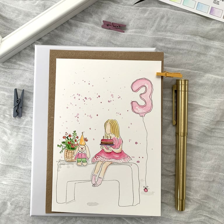 3rd Birthday - Birthday Girl Card - original painting