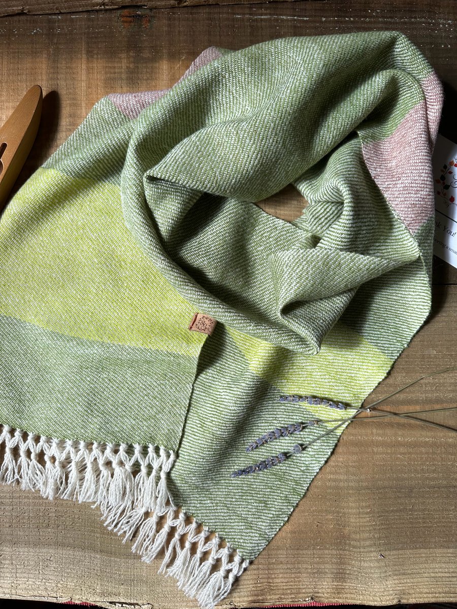 Lightweight British Wool Hand Dyed & Woven Scarf in Green and Taupe Twill Stripe