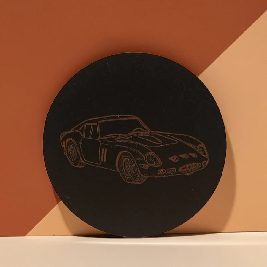 Set of 6. Round Black Veneer Wood coasters. Iconic Cars.. Bumper Feet.