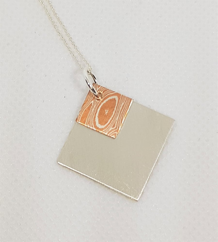 Satin Sterling Silver Diamond and Mokume Gane Diamond Pendant