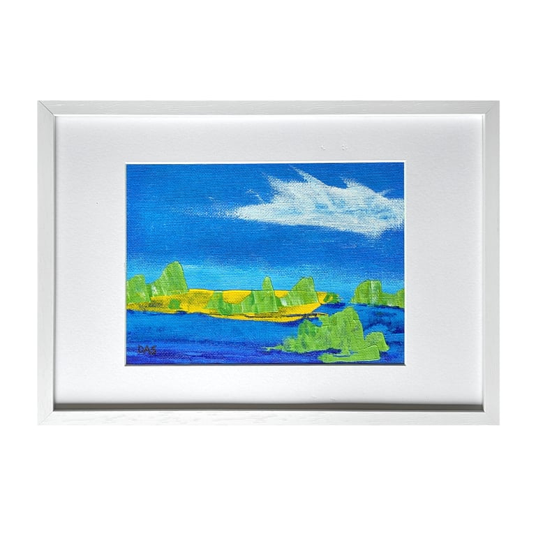 'Beach Island' Vividly Coloured A4 Framed Landscape Painting
