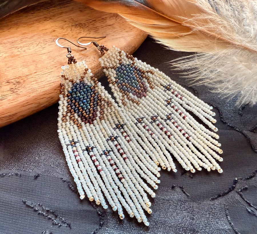 Egyptian inspired scarab beetle beaded fringe earrings