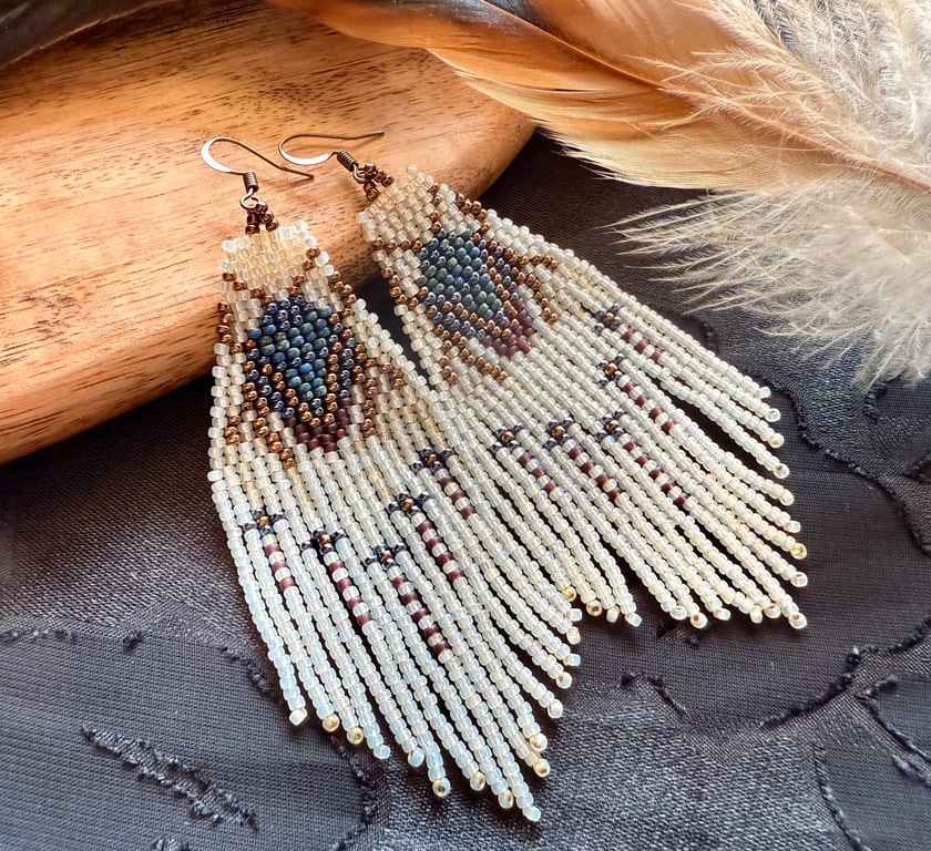 Egyptian inspired scarab beetle beaded fringe earrings