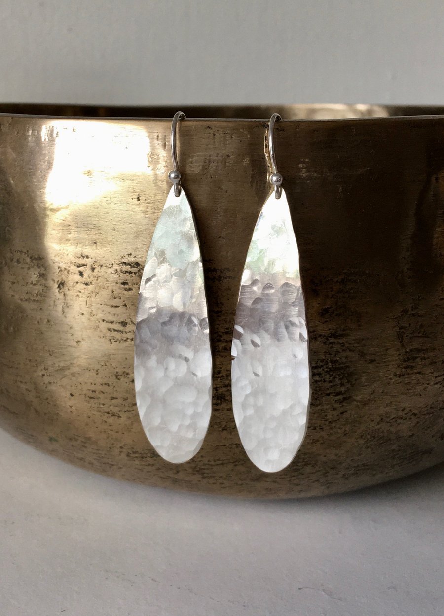 Long hammered silver earrings - dangly earrings - sterling silver drop earrings 