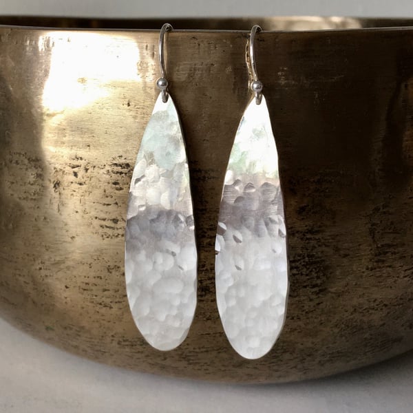 Long hammered silver earrings - dangly earrings - sterling silver drop earrings 