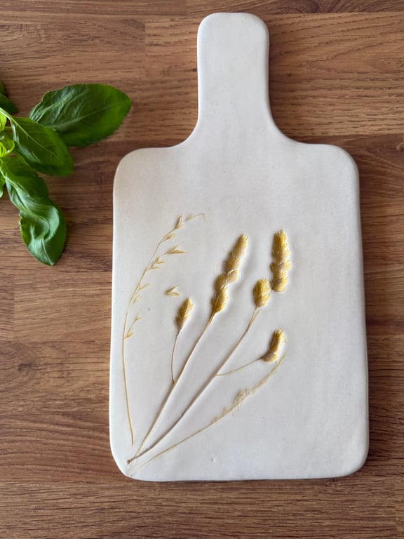 Ceramic handmade serving board with grass imprint, nature inspired cheese board