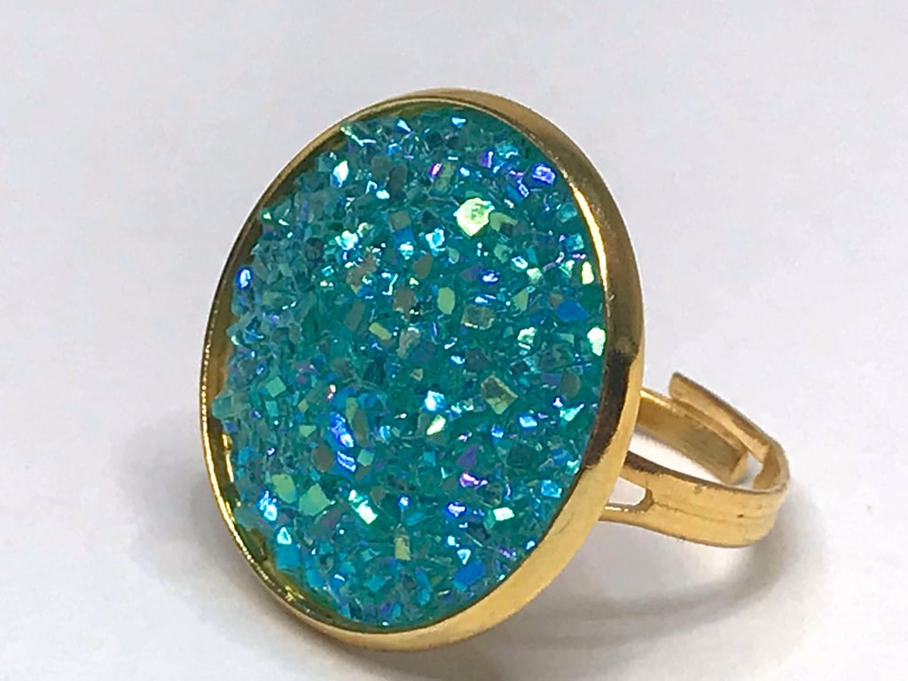 AQUAMARINE GLITTER RING gold plated adjustable 20 mm faux druzy 