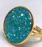 AQUAMARINE GLITTER RING gold plated adjustable 20 mm faux druzy  - Image 1