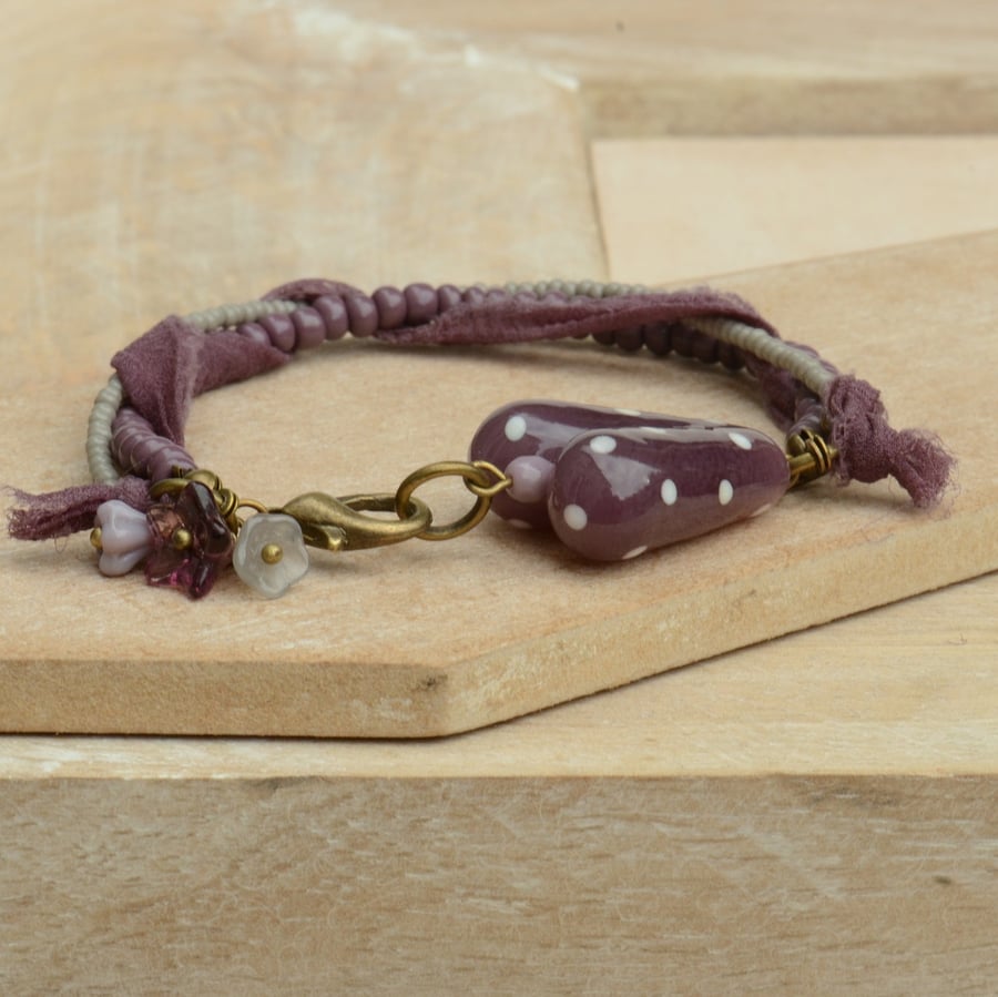 Plum Polka Dot Lampwork Heart Bracelet, Chiffon Ribbon & Grey Purple Seed Beads