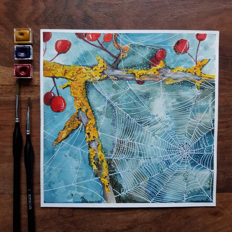 Hawthorn and spider webs in the hedgerow original artwork 
