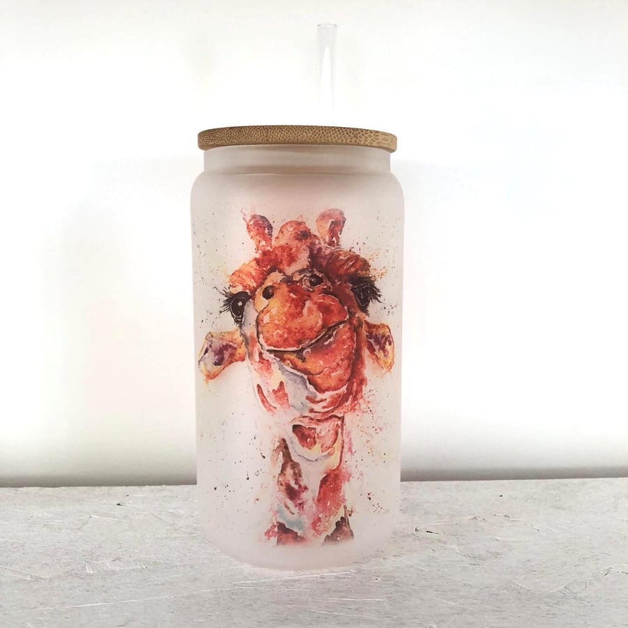 Giraffe Watercolour Frosted Glass Tumbler with Bamboo Lid & Straw, 500ml 