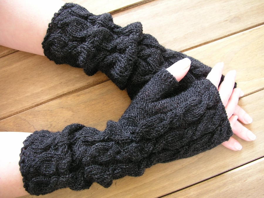 Long charcoal hand knitted fingerless gloves  wrist warmers
