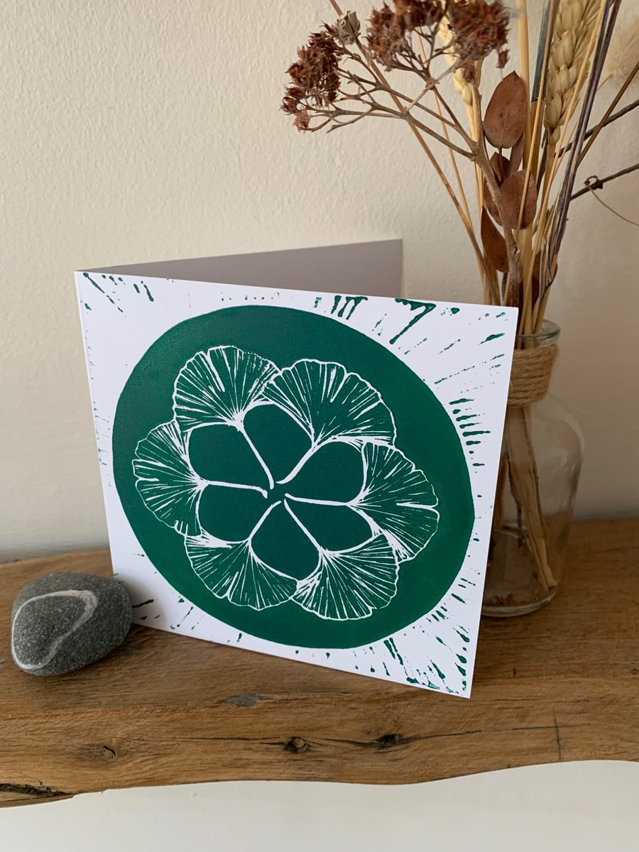 Original lino print Ginkgo leaf card
