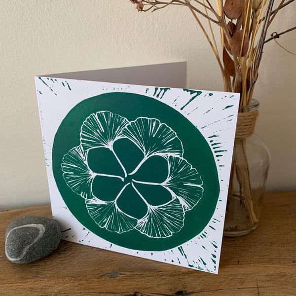 Original lino print Ginkgo leaf card