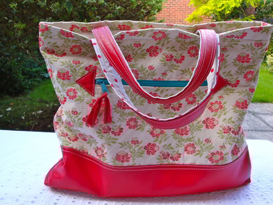 SALE Cotton and Genuine Leather Tote - Handbag - zip pocket - 2 slip pockets.