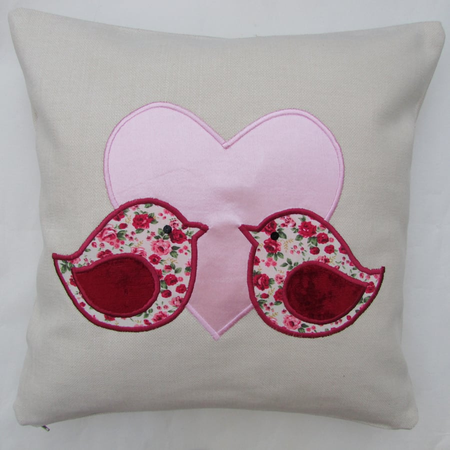 Lovebirds cushion in cream with pink appliqued heart and lovebirds
