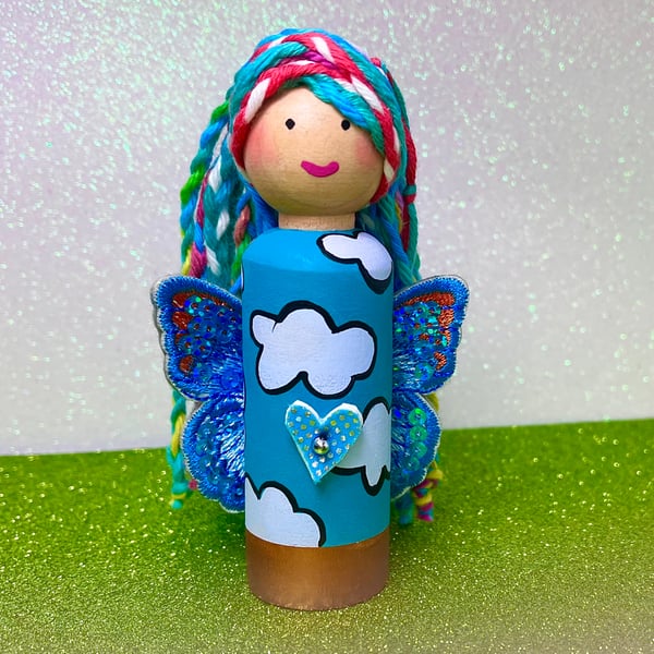 Blue Fairy Peg Doll ornament with rainbow hair. Folksy