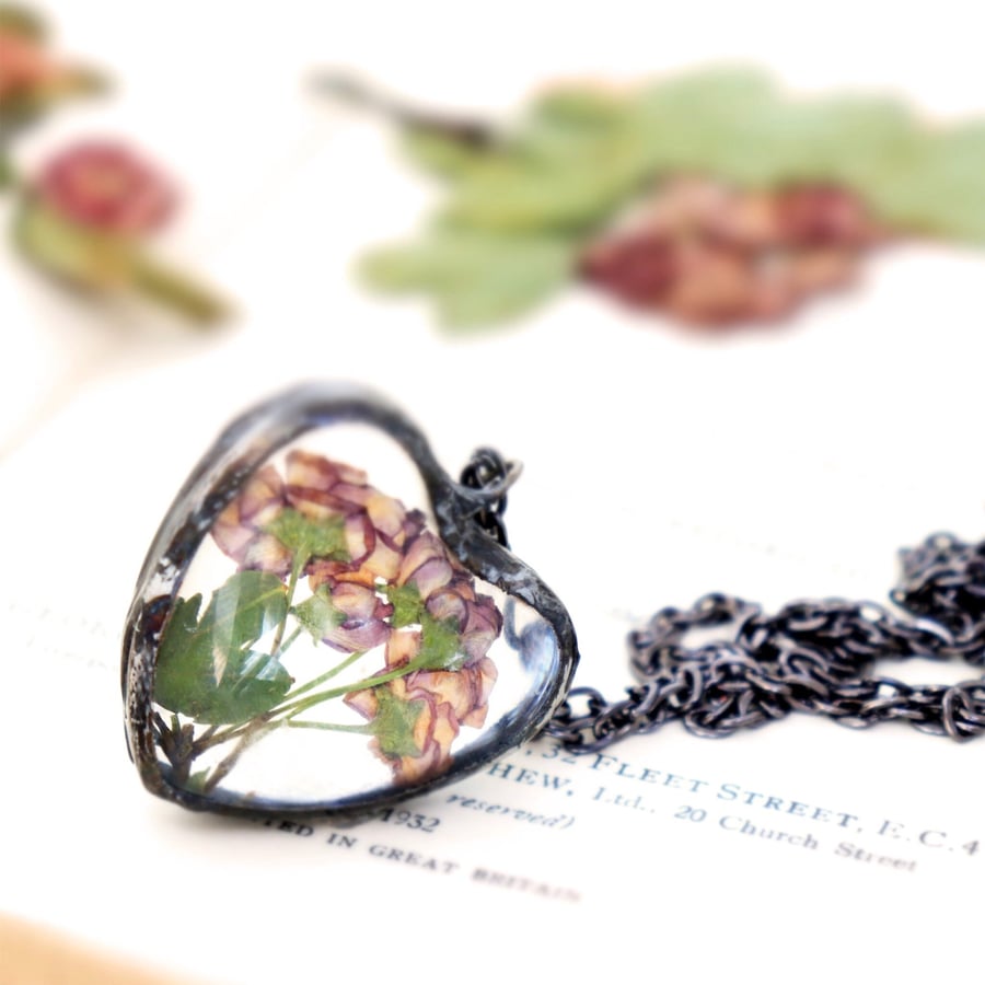 Cottagecore Terrarium Jewellery; Pressed Flower Hawthorn Stained Glass Heart