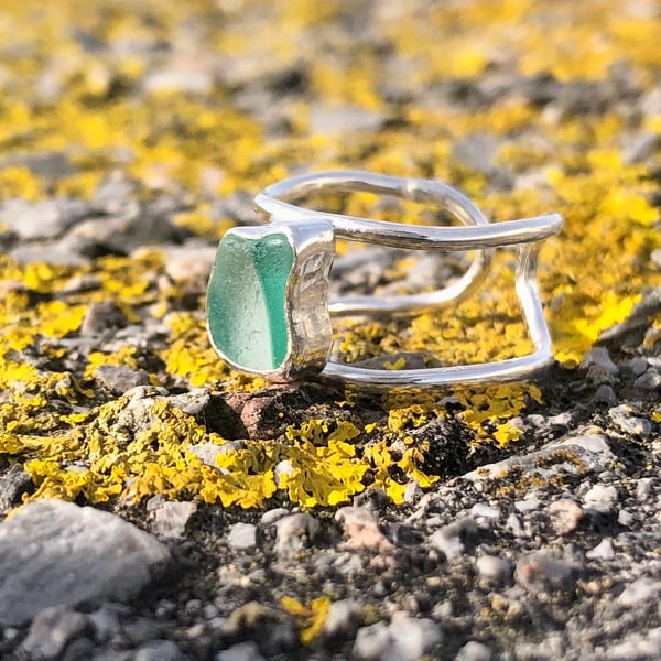 Sage Green Statement Sea Glass and Sterling Silver Ring- Adjustable  - 1309