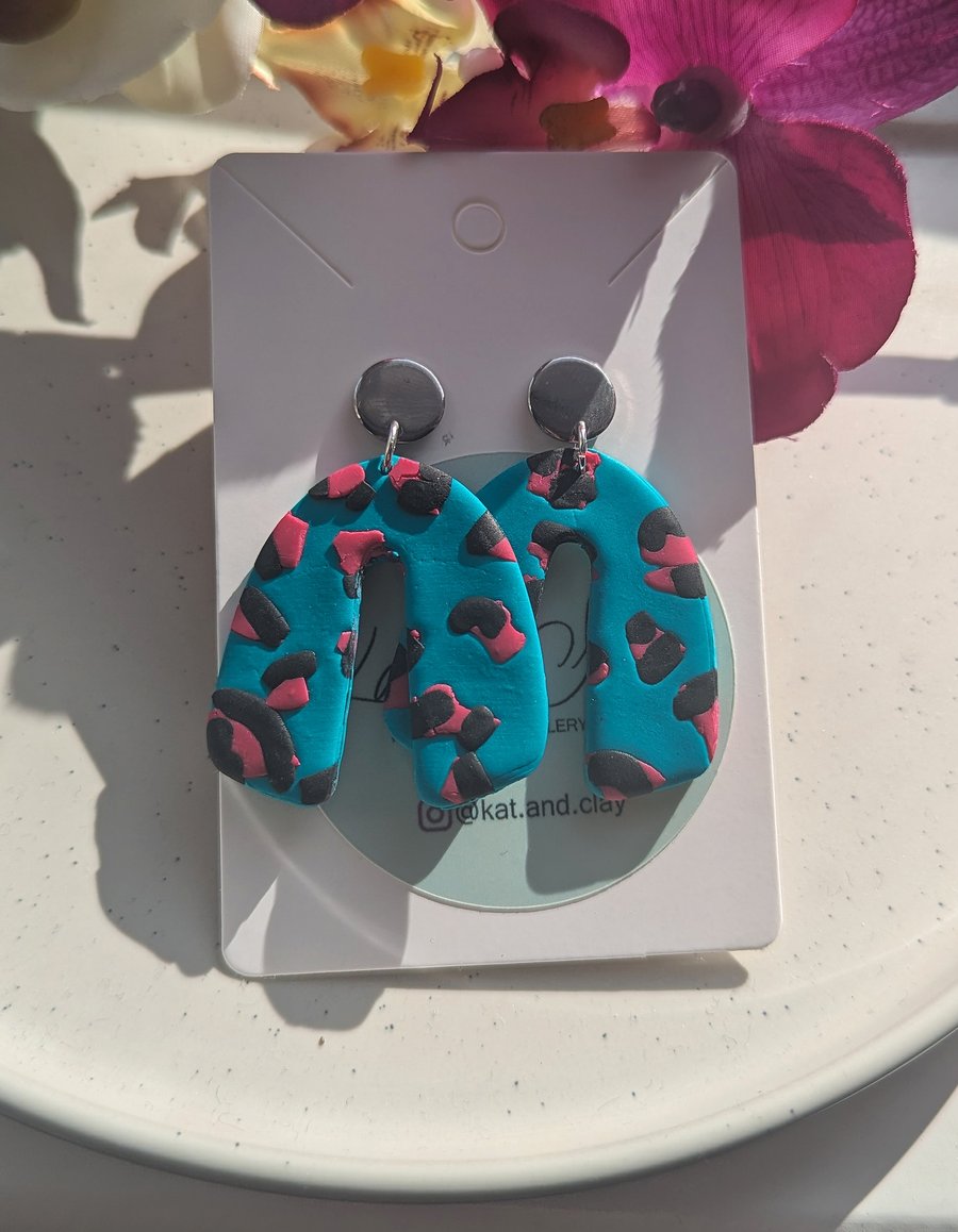 Turquoise and Pink Leopard Print Earrings