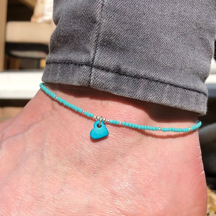 Turquoise Greek heart, seed bead and sterling silver anklet