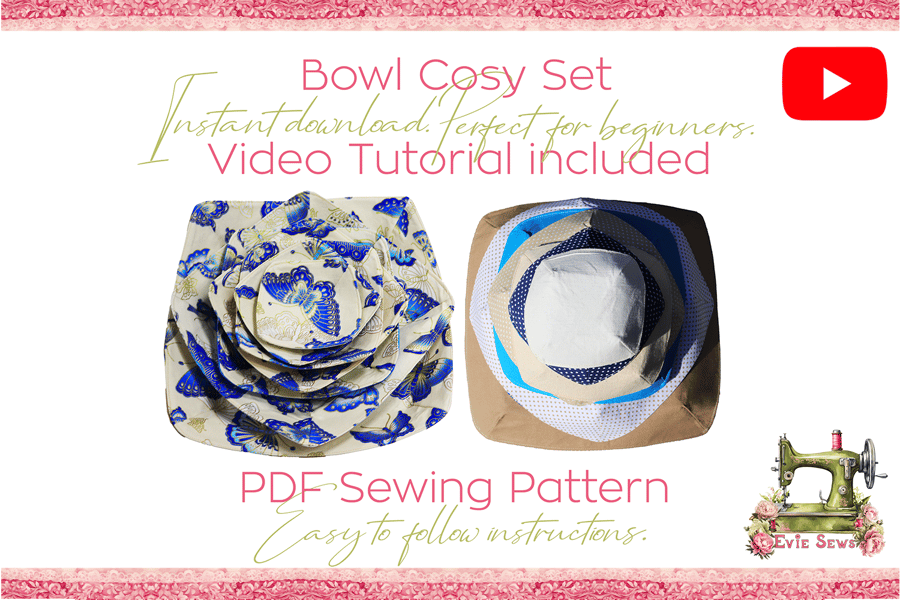 Bowl Cozy Sewing Pattern with Video Tutorial - Cricut Friendly PDF, PNG, SVG