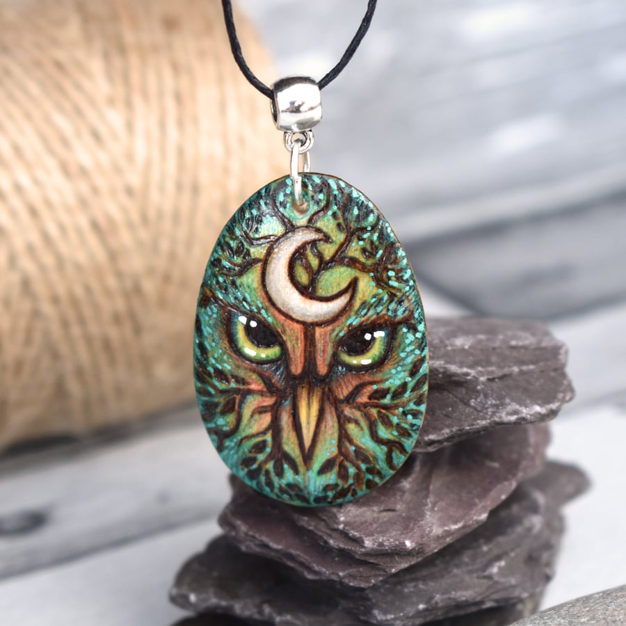 Pyrography owl eyes in the woods unusual wooden pendant.