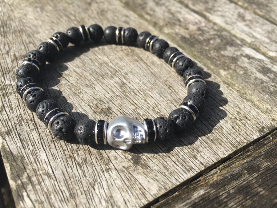 Lava beads and silver skull mens bracelet