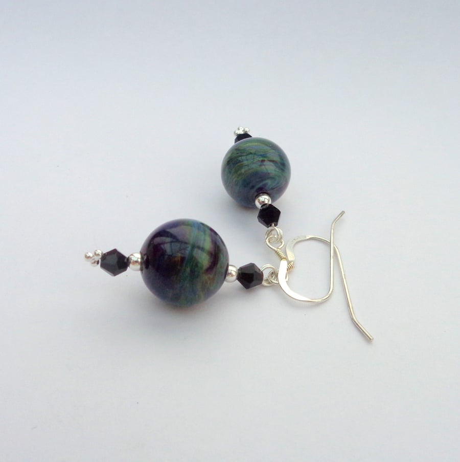 Lampwork glass bead earrings, dark swirling colours with black & sterling silver