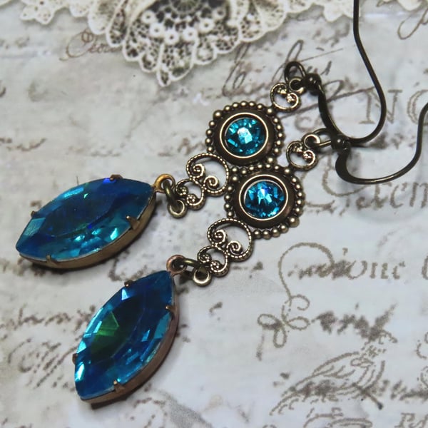 Turquoise Crystal AntiqueVintage Style Navette Dangle Earrings