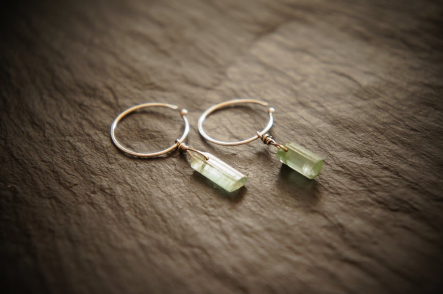 Pale Aqua Green Tourmaline and Silver Wabi Sabi Style Earrings, Raw Gemstone